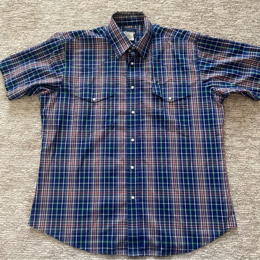 Wrangler Shirt Mens XL Blue Plaid Western Pearl Snap Short Sleeve Cowboy Rodeo